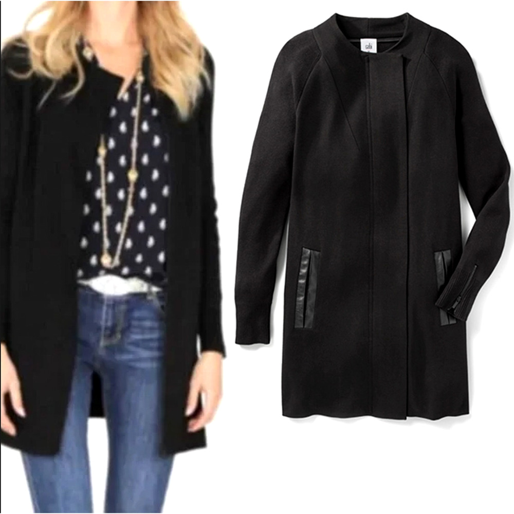 CAbi L Ponte Knit $189 Full Zip Long Jacket Trench Coat Leather Trim Jet Black